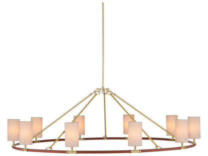 Currey & Company Currey and Company 10-Light Ellerston Chandelier in Brushed Brass and Saddle Brown Leather