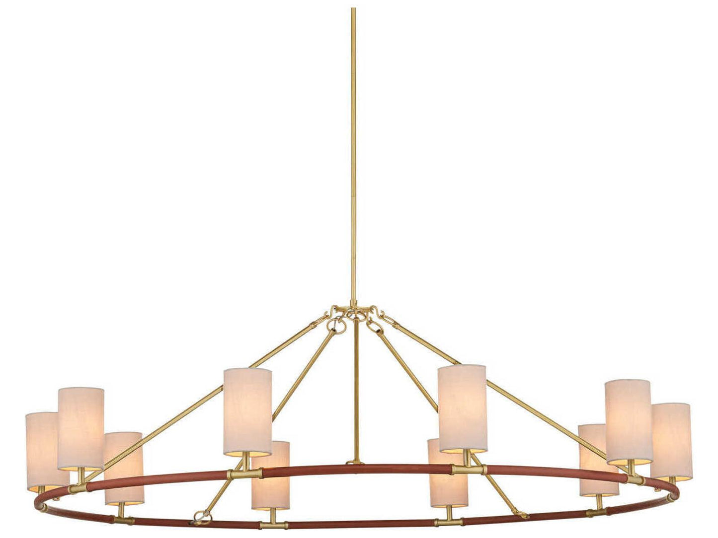 Currey & Company Currey and Company 10-Light Ellerston Chandelier in Brushed Brass and Saddle Brown Leather