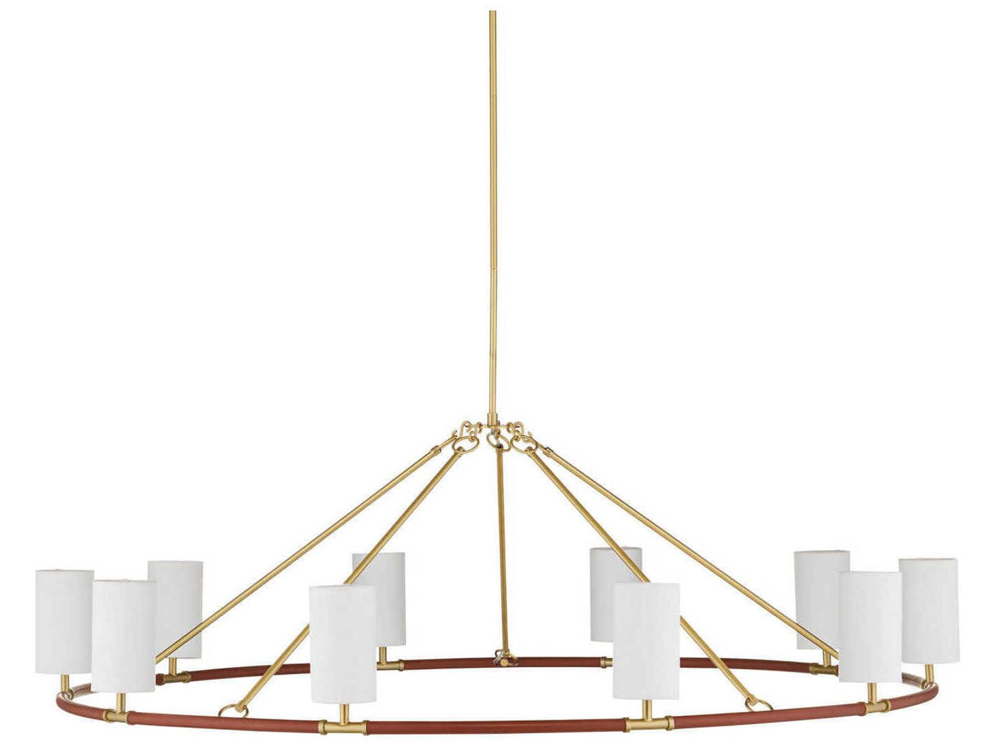 Currey & Company Currey and Company 10-Light Ellerston Chandelier in Brushed Brass and Saddle Brown Leather