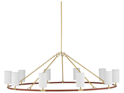 Currey & Company Currey and Company 10-Light Ellerston Chandelier in Brushed Brass and Saddle Brown Leather