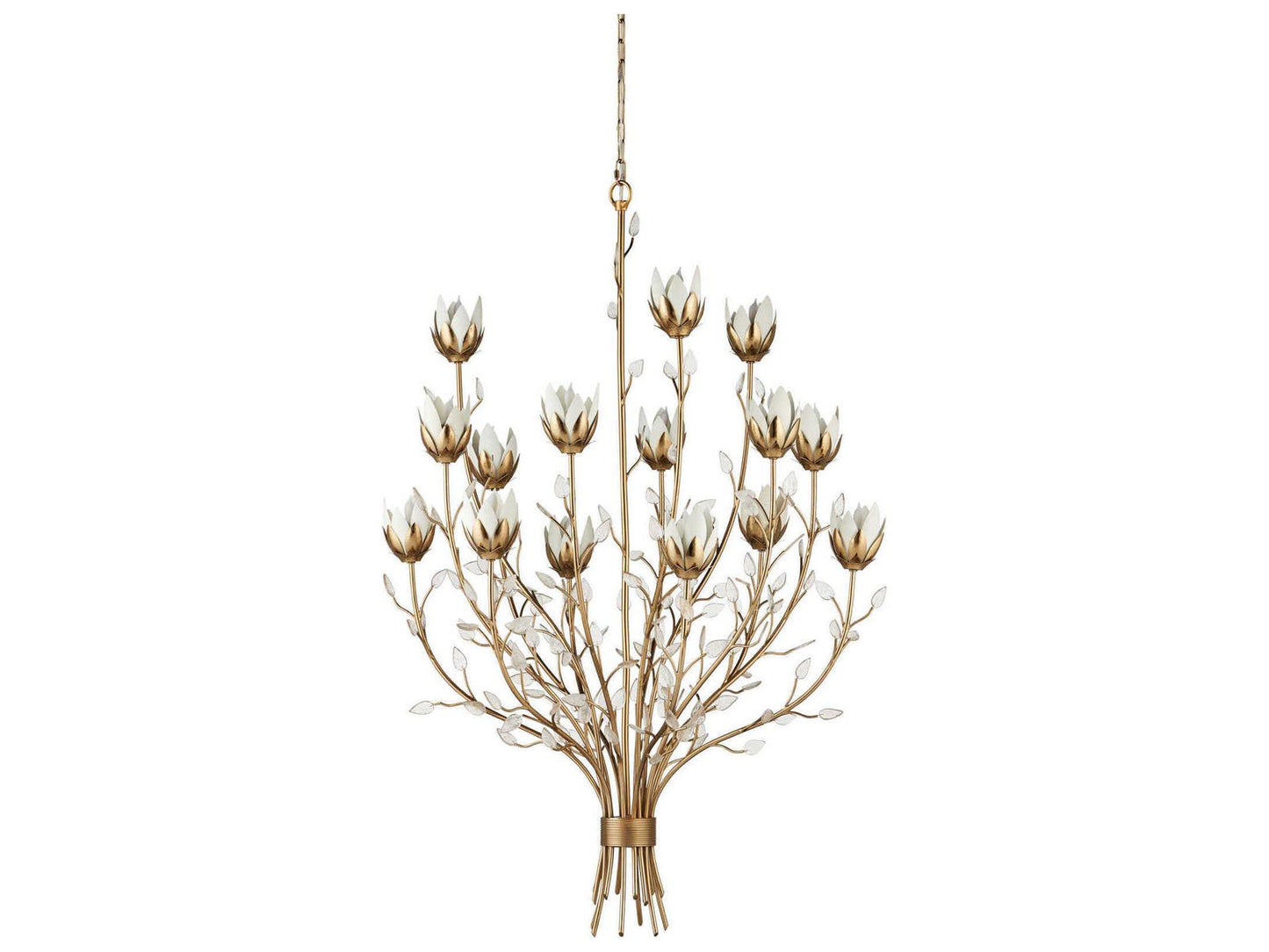 Currey & Company Currey and Company 15-Light Star Magnolia Large Chandelier in Antique Brass and White