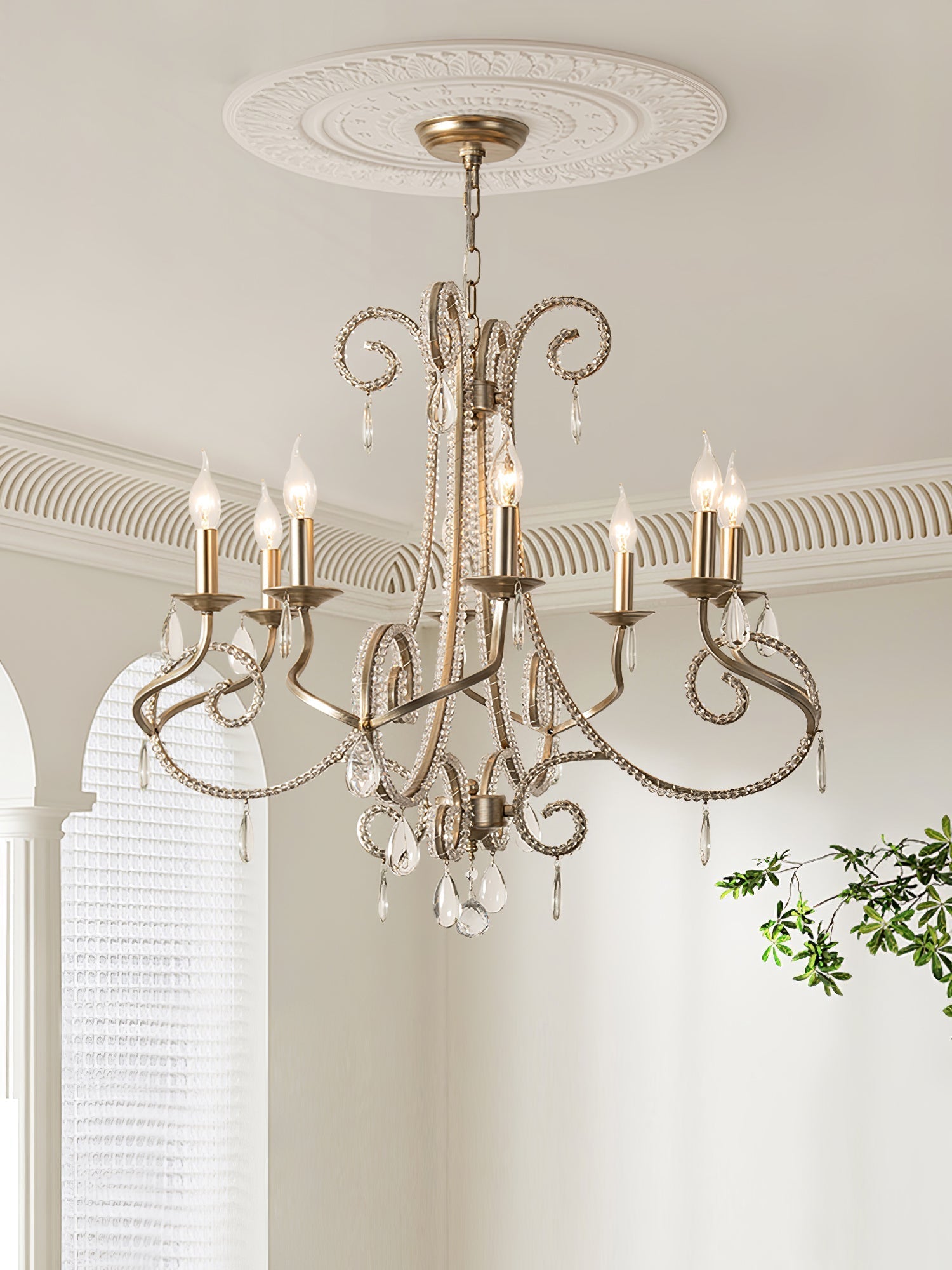 Candle Crystal Chandelier 8 Heads ∅ 35.4″ x H 29.5″ / Gold & Clear Chandelier