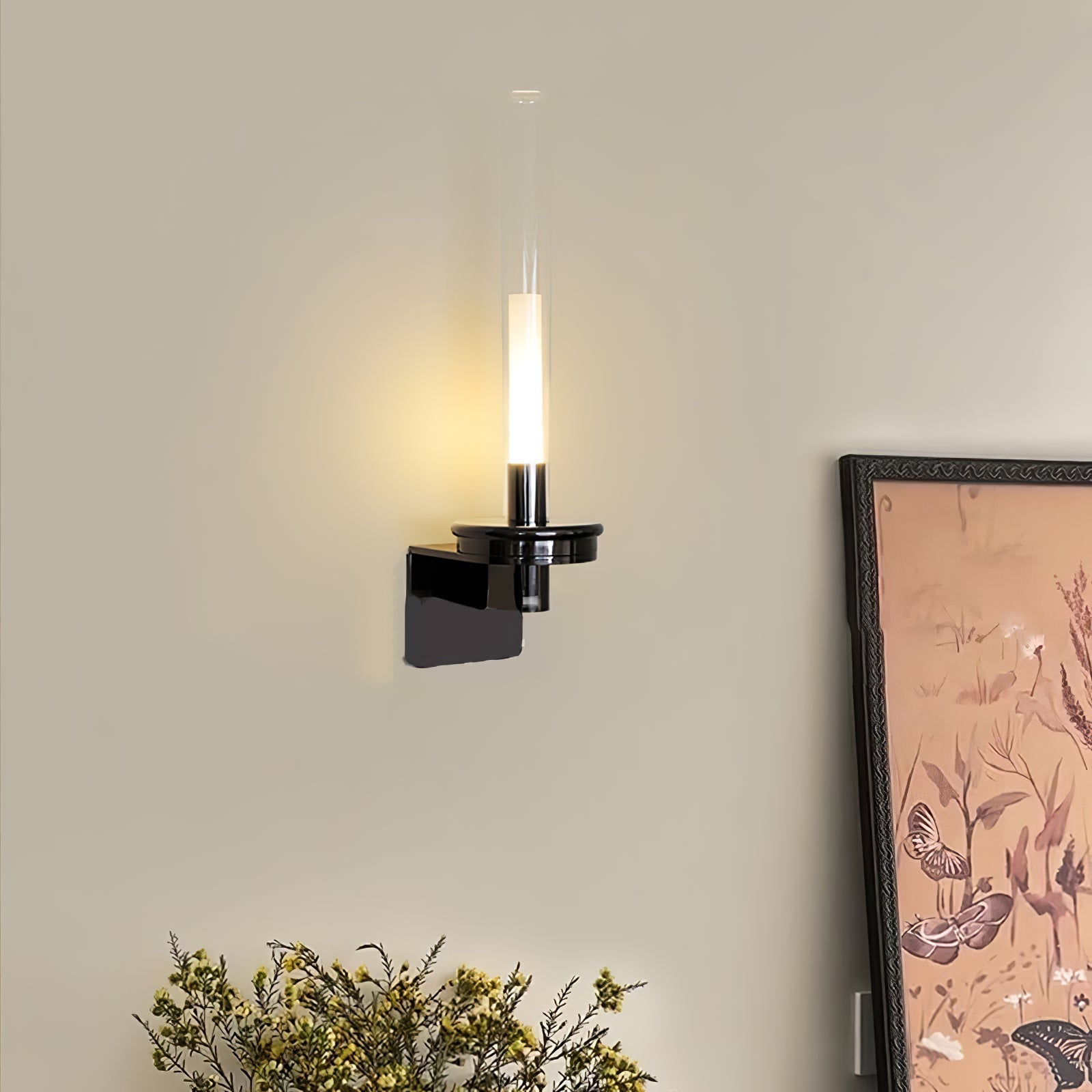 Column Torch Wall Sconce ∅ 5.1″ x H 14.2″ / Black & Clear / Warm Light Wall lamp