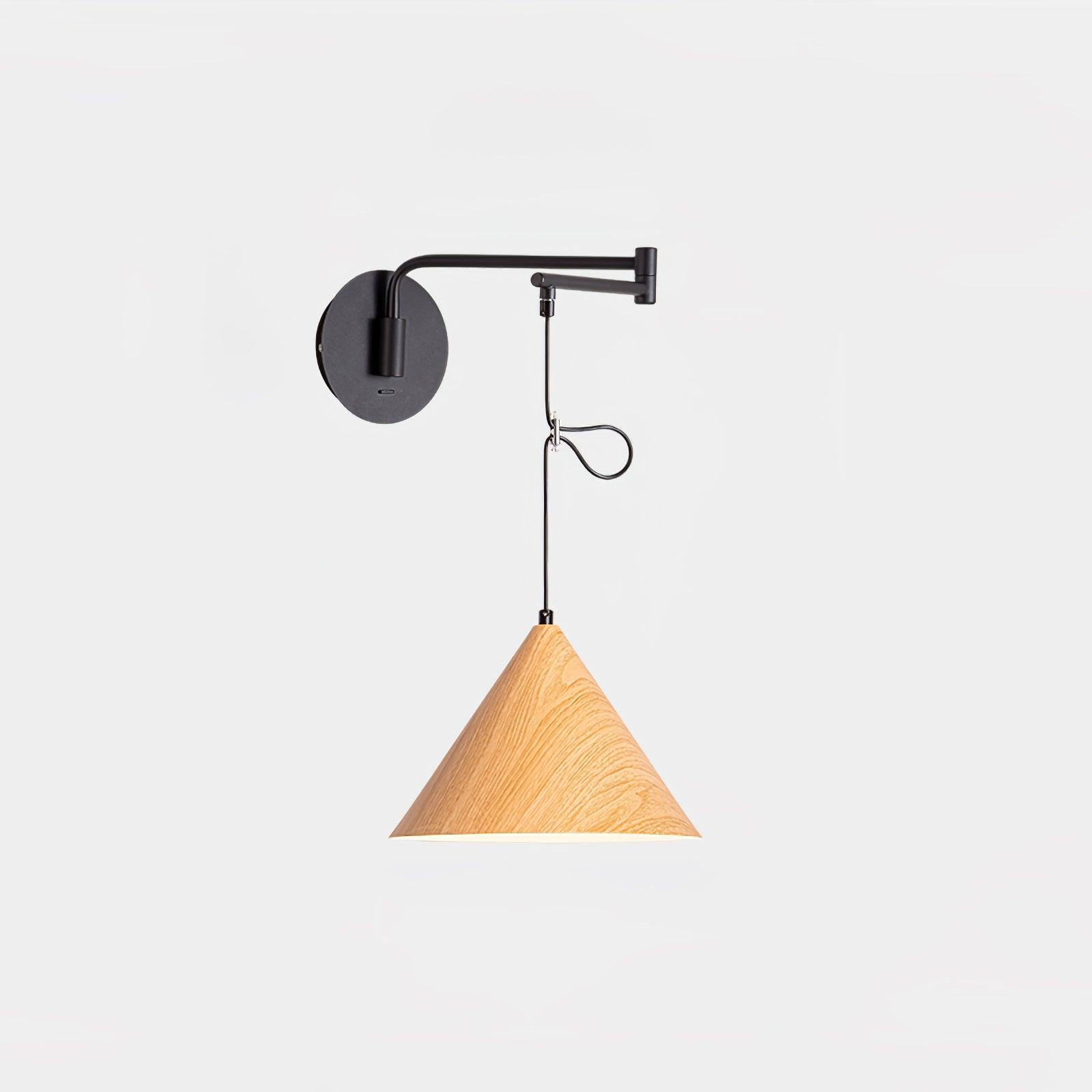 Cone Swing Arm Wall Lamp ∅ 13.8″ x H 39.4″ x L 29.5″ / Dia 35cm x H 100cm x L 75cm / Wood Color & Black Wall lamp
