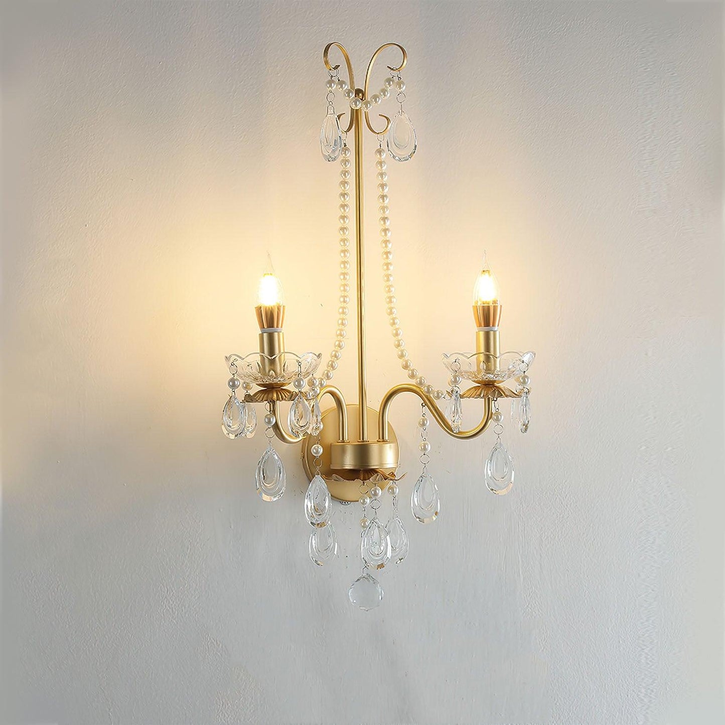 Crystal Pearl Chain Wall Lamp ∅ 16.8″ x H 25.2″ / Dia 42.5cm x H 64cm / Gold & Clear Wall lamp
