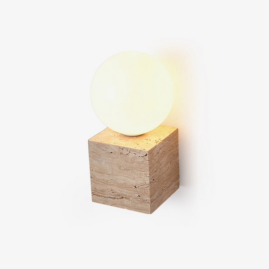 Cube Stone Wall Lamp L 3.9″ x W 3.9″ x H 7.9″ / Yellow Travertine & White Table lamp