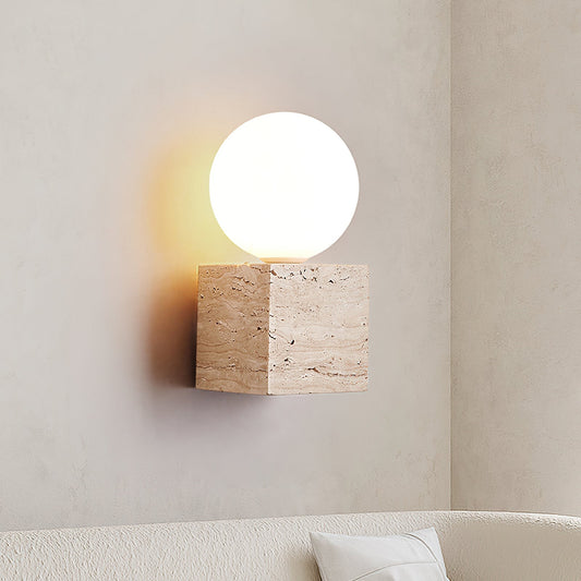 Cube Stone Wall Lamp L 3.9″ x W 3.9″ x H 7.9″ / Yellow Travertine & White Table lamp
