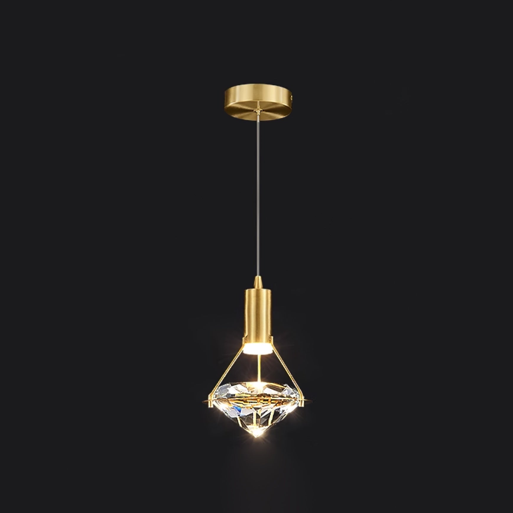Diamond Pendant Lamp 1heads ∅ 5.3″ x H 6.6″/ Dia 13.5cm x H 17cm / Brass & Clear / Three-color changing light Pendant