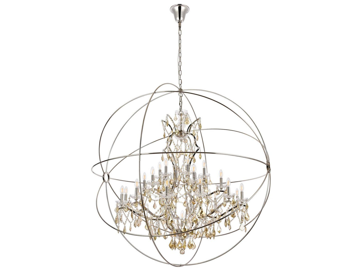Elegant Lighting Geneva 25-Light Transitional Chandelier in Polished Nickel with Golden Teak Crystal