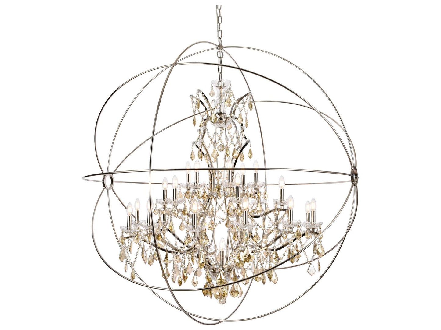 Elegant Lighting Geneva 25-Light Transitional Chandelier in Polished Nickel with Golden Teak Crystal