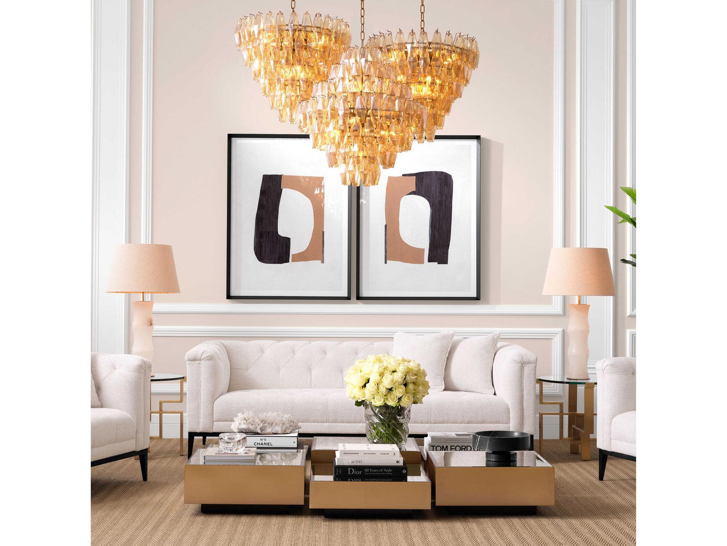 Eichholtz Benini L 17-Light Chandelier in Antique Brass with Amber Glass