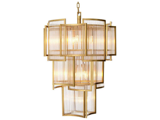 Eichholtz Jet Set 10-Light Art Deco Chandelier in Antique Brass with Clear Glass