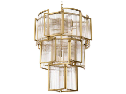 Eichholtz Jet Set 10-Light Art Deco Chandelier in Antique Brass with Clear Glass