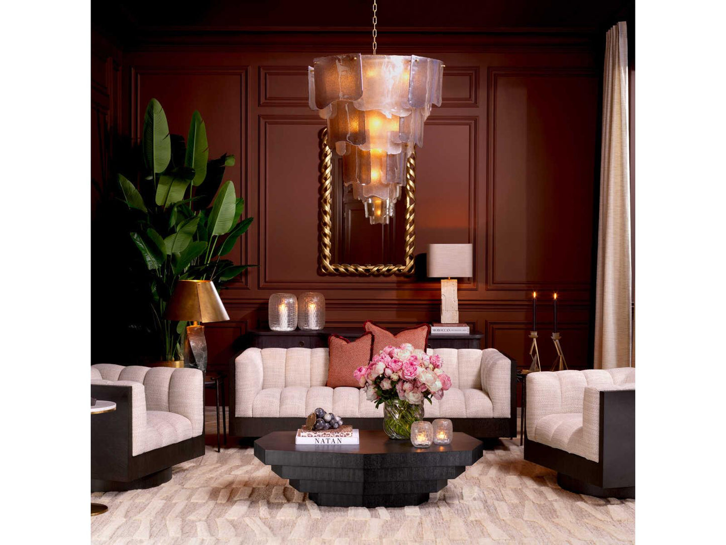 Eichholtz 13-Light Asinara L Chandelier in Antique Brass and Smoke Glass