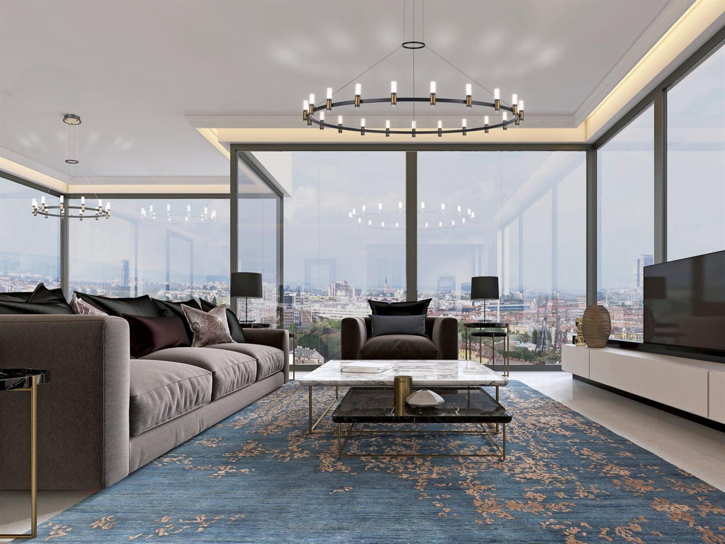 Eurofase Albany 21-Light LED Round Chandelier in Deep Black and Brass