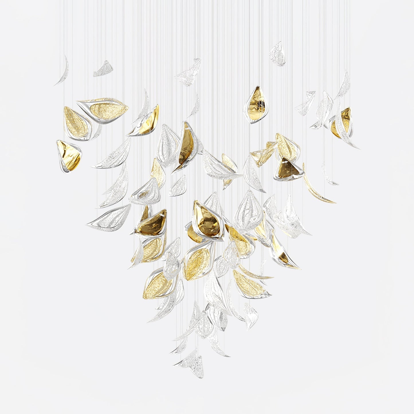 Floating Leaves Chandelier ∅ 47.2″ x 78.7″ / Dia 120cm x 200cm / Gold & Clear / Warm Light Chandelier