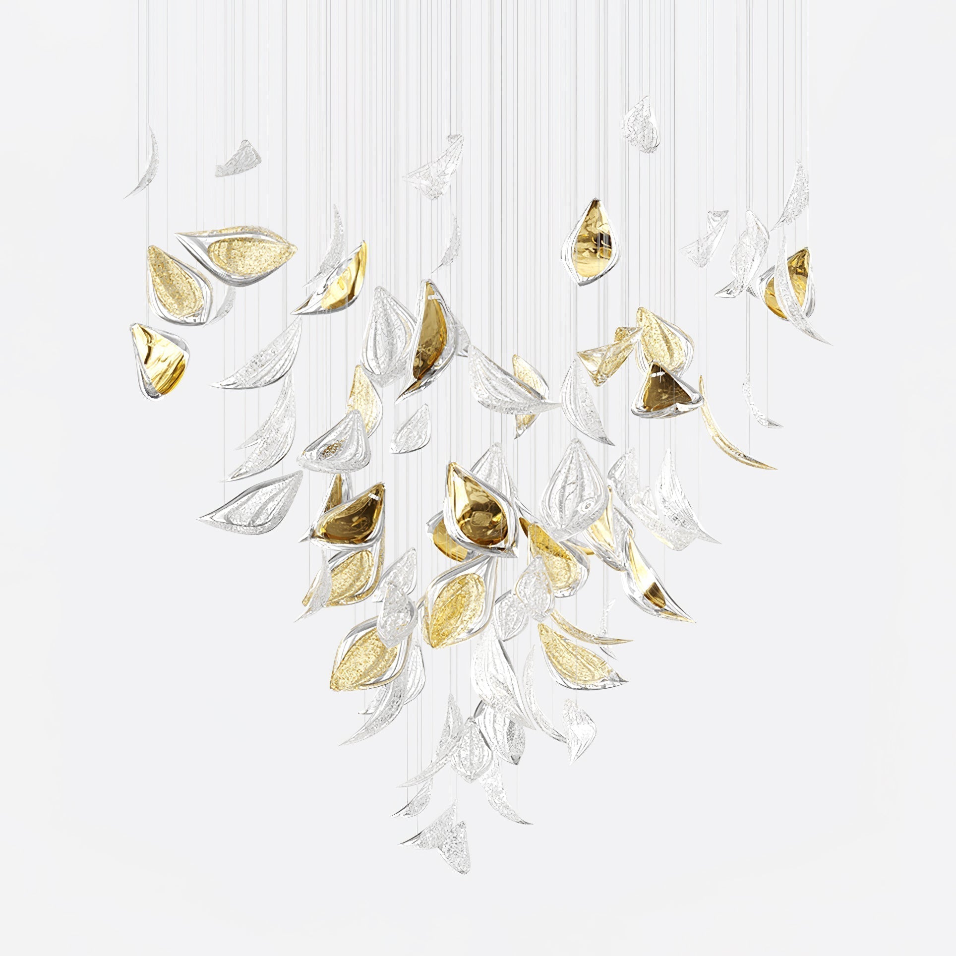 Floating Leaves Chandelier ∅ 47.2″ x 78.7″ / Dia 120cm x 200cm / Gold & Clear / Warm Light Chandelier