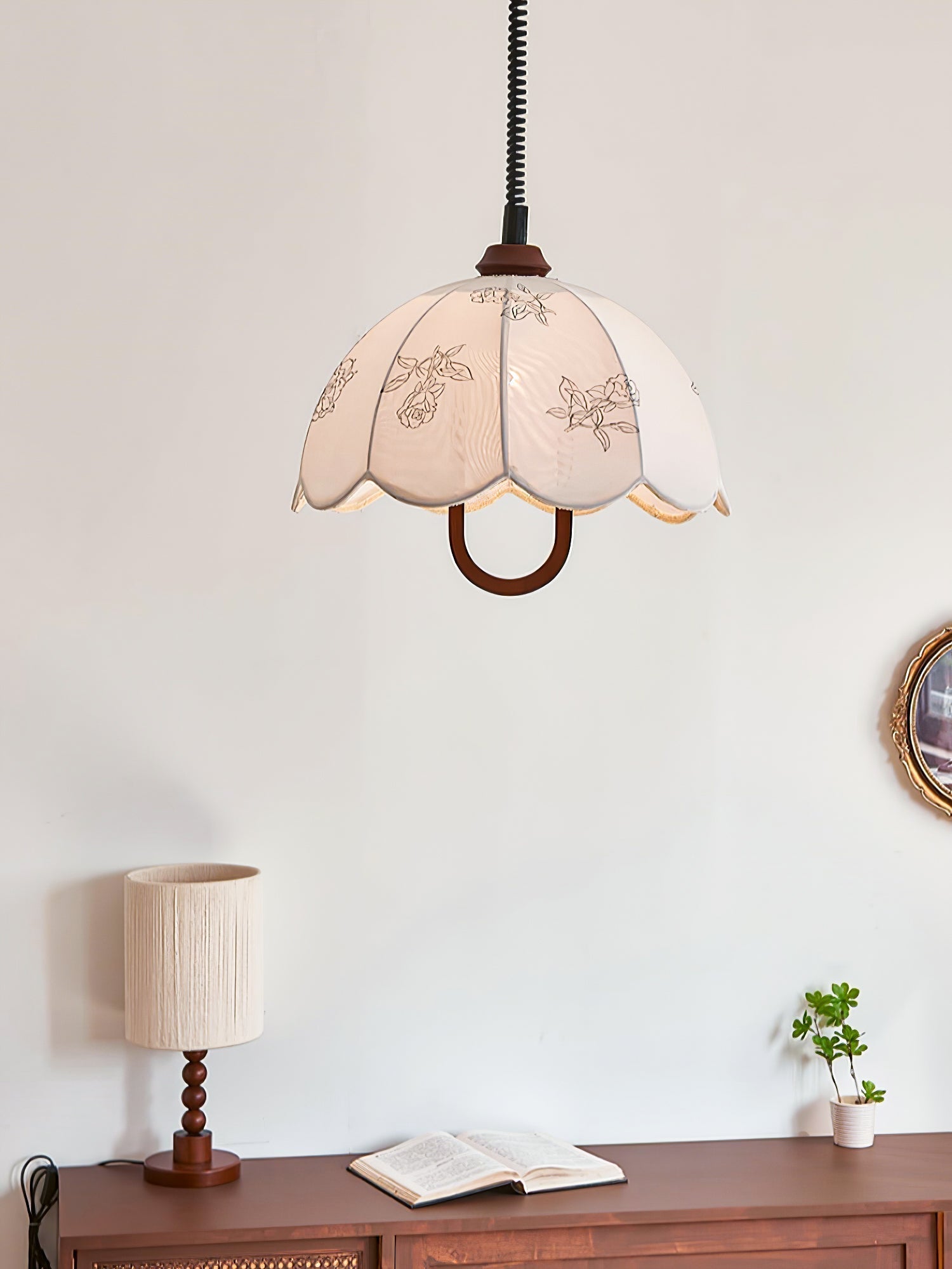 Floral Grace Pendant Lamp ∅ 18.1″ x H 18.1″ / Walnut color & White Pendant light