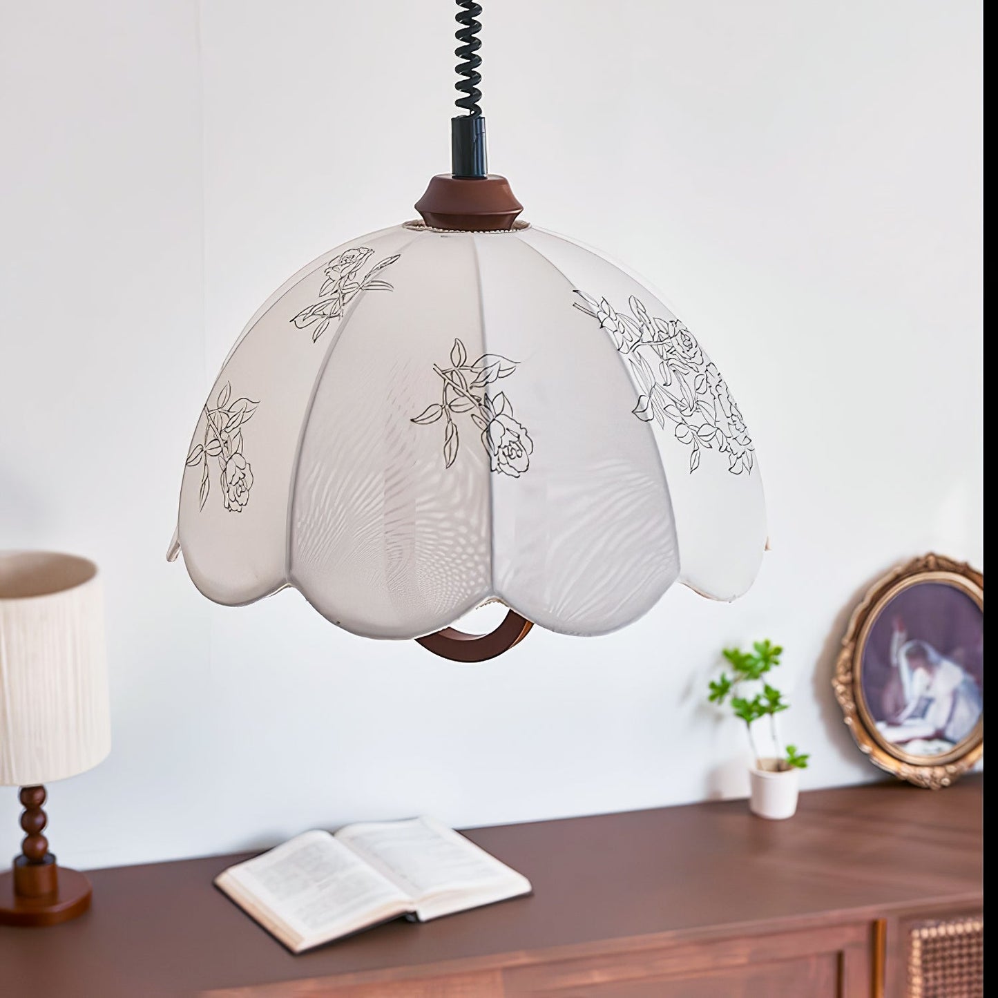Floral Grace Pendant Lamp ∅ 18.1″ x H 18.1″ / Walnut color & White Pendant light