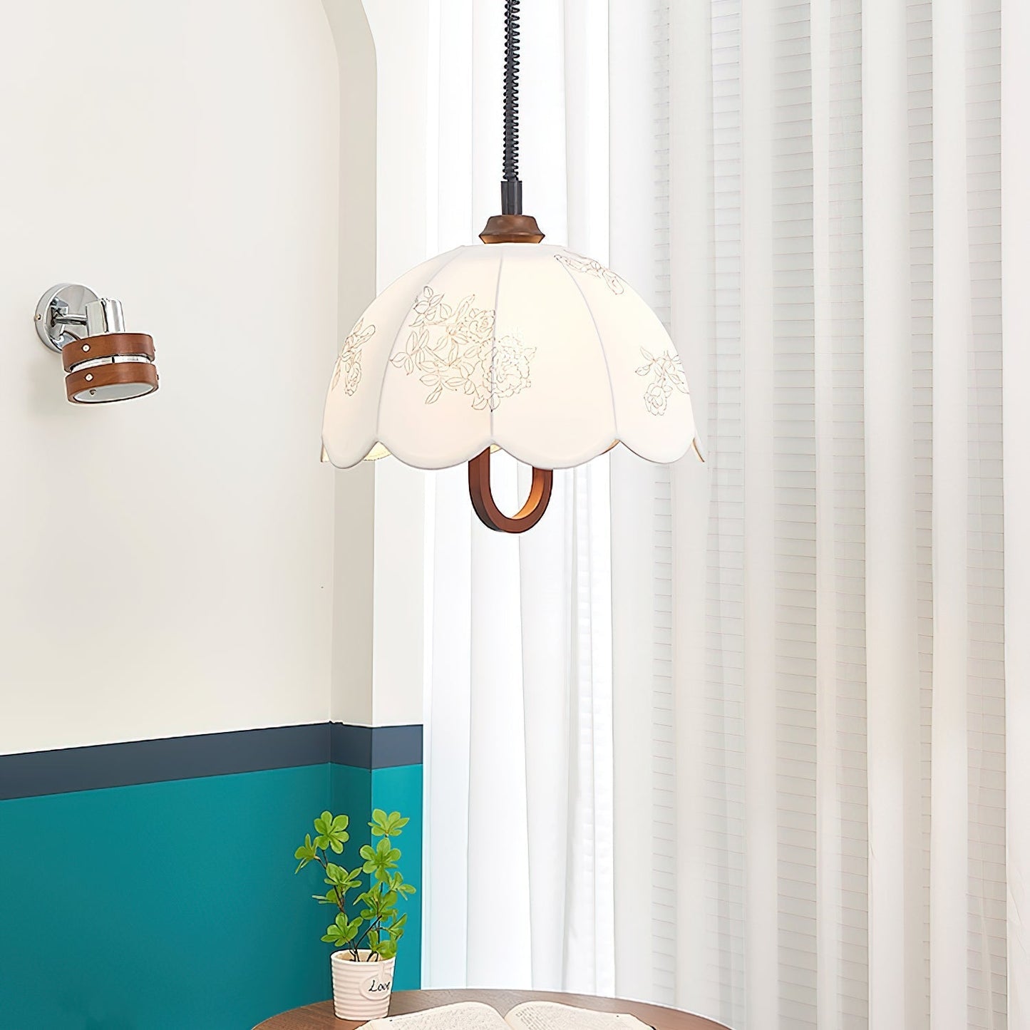 Floral Grace Pendant Lamp ∅ 18.1″ x H 18.1″ / Walnut color & White Pendant light