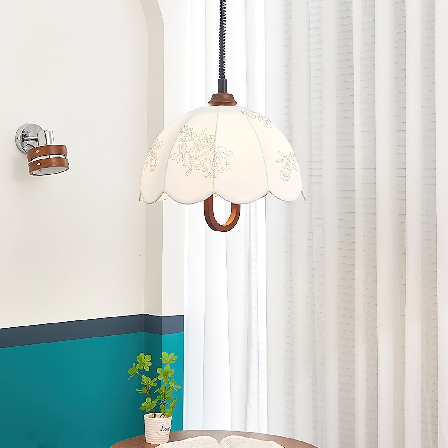 Floral Grace Pendant Lamp ∅ 18.1″ x H 18.1″ / Walnut color & White Pendant light
