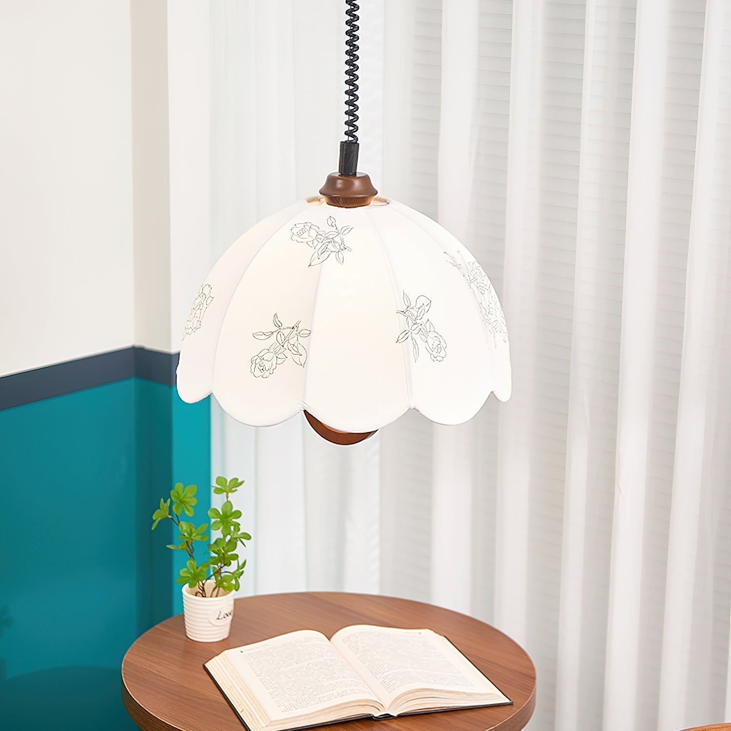Floral Grace Pendant Lamp ∅ 18.1″ x H 18.1″ / Walnut color & White Pendant light