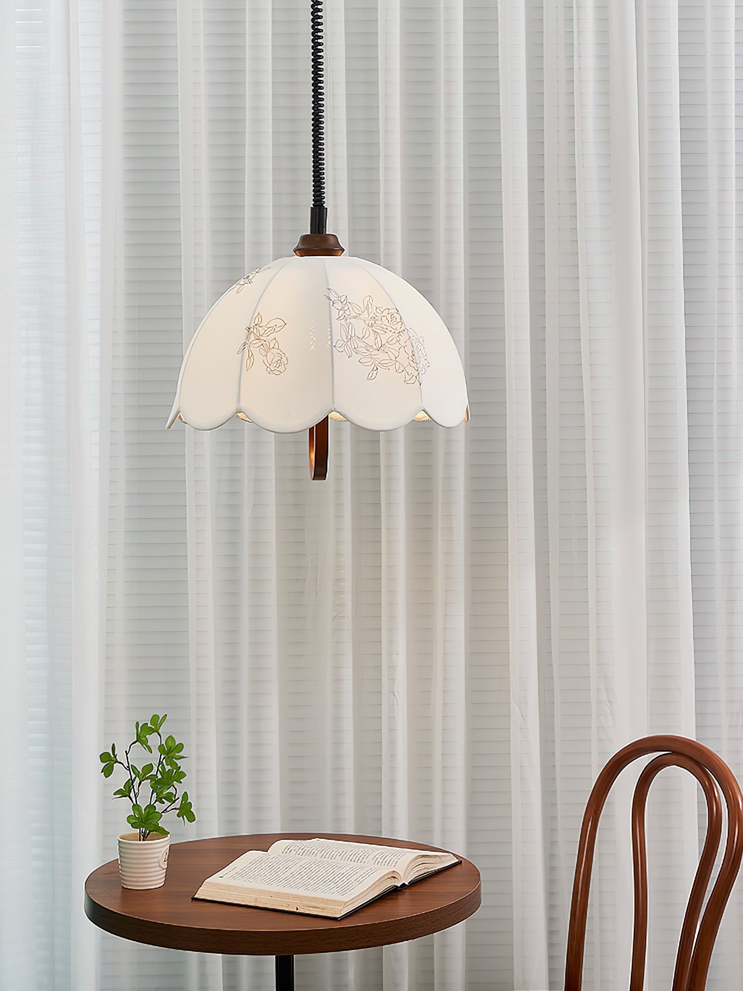 Floral Grace Pendant Lamp ∅ 18.1″ x H 18.1″ / Walnut color & White Pendant light