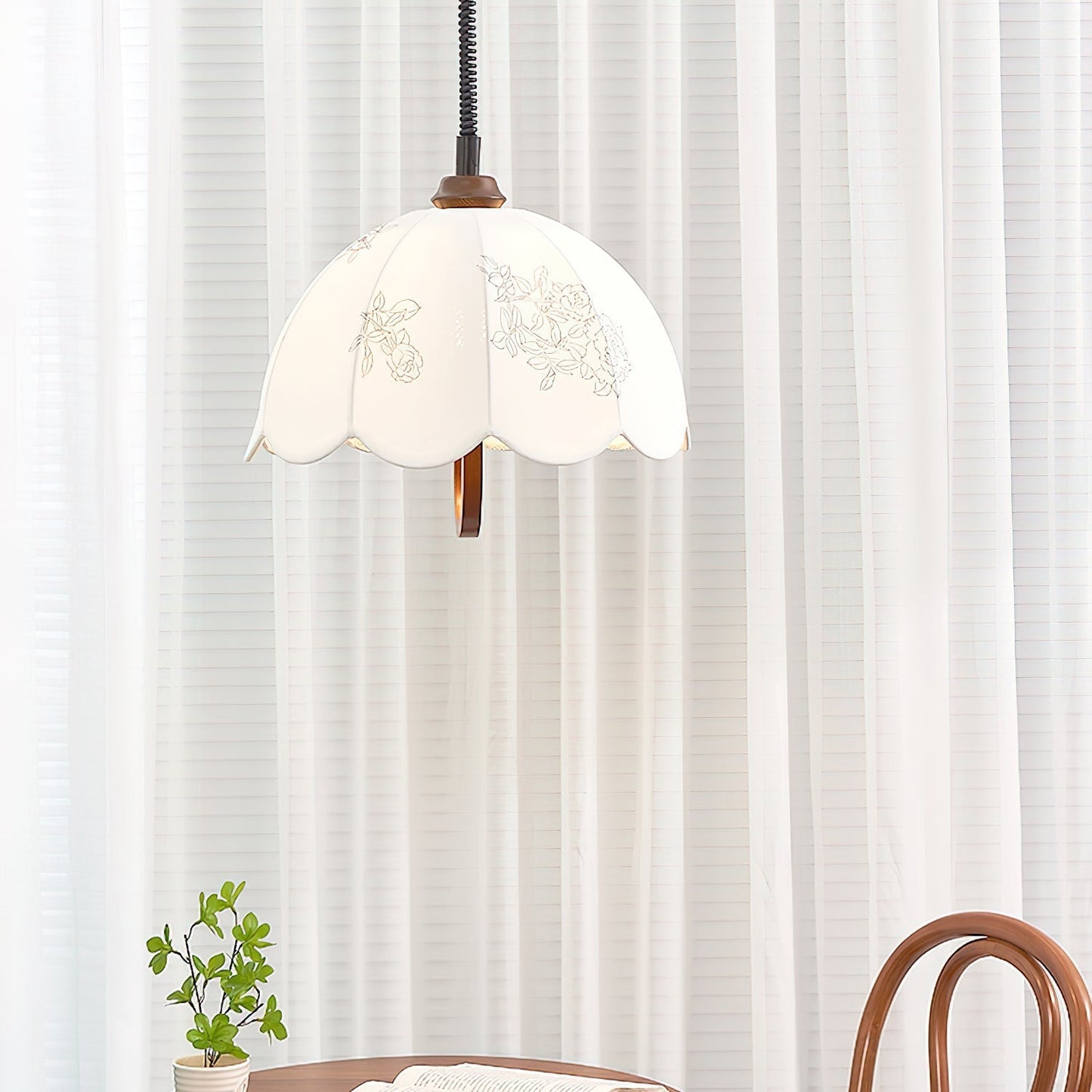 Floral Grace Pendant Lamp ∅ 18.1″ x H 18.1″ / Walnut color & White Pendant light