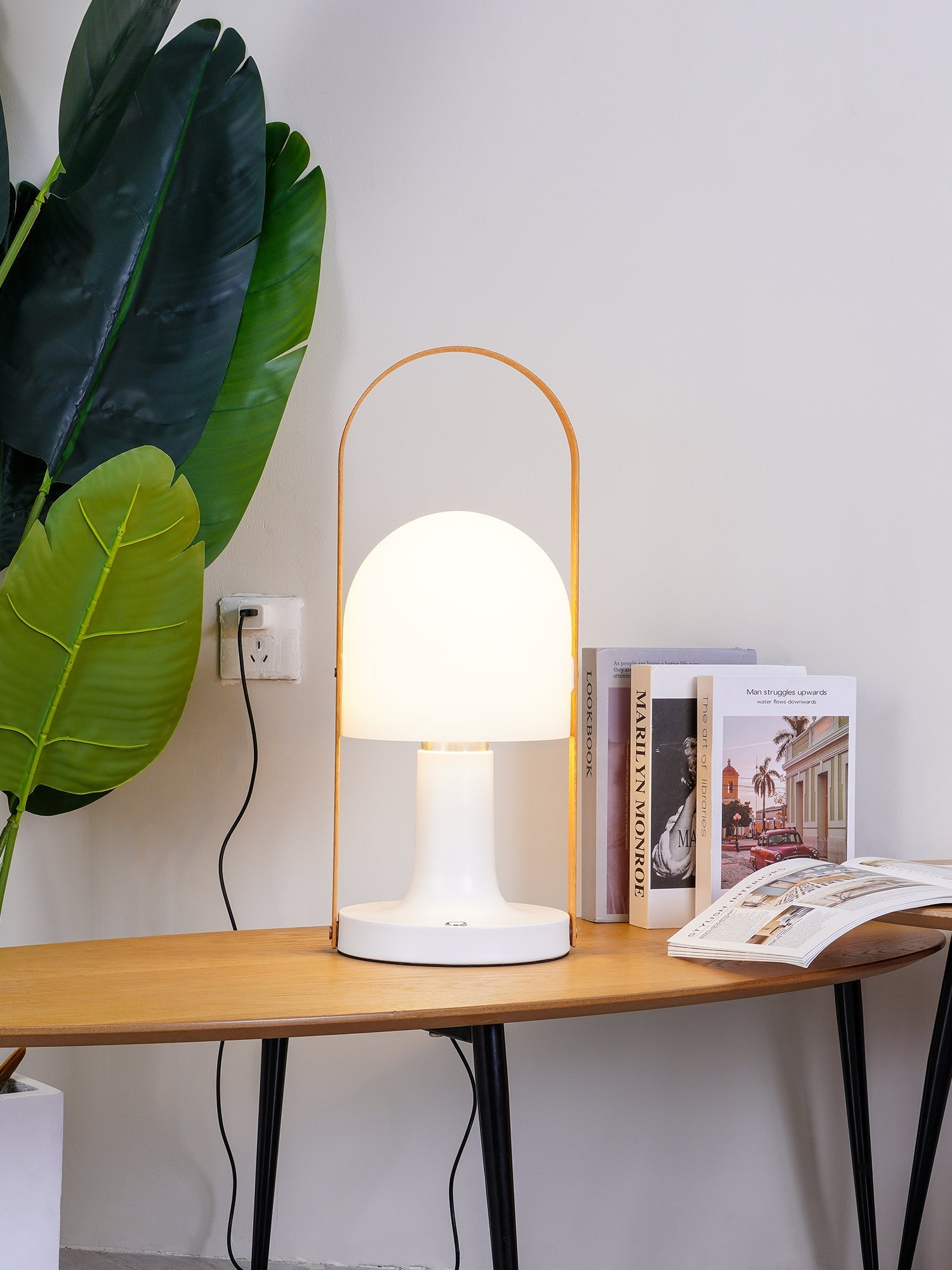 Portable Glass Charging Table Lamp ∅ 8.3″ x H 20.9″ / Dia 21cm x H 53cm / White / Charge Table lamp
