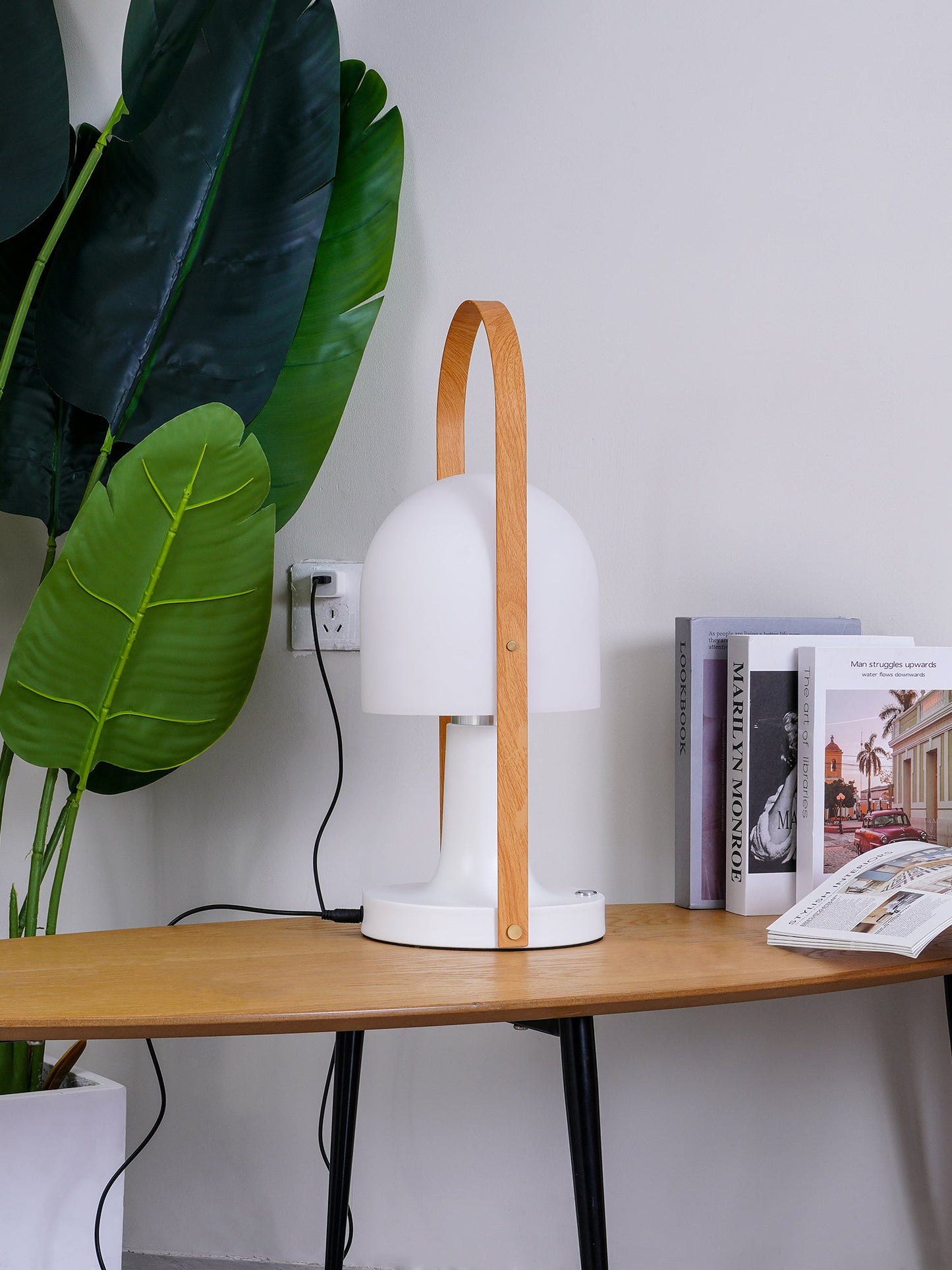 Portable Glass Charging Table Lamp ∅ 8.3″ x H 20.9″ / Dia 21cm x H 53cm / White / Charge Table lamp