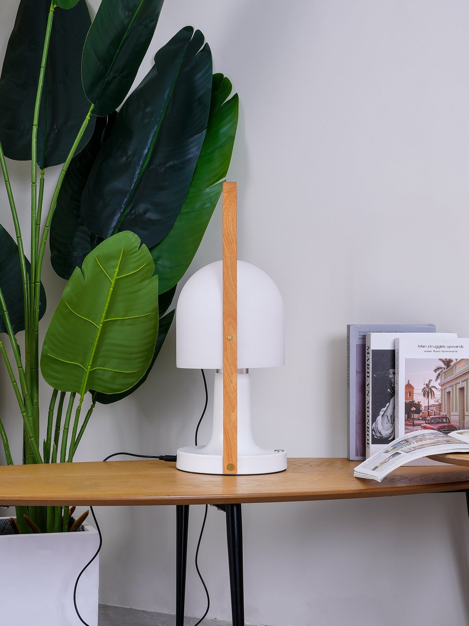 Portable Glass Charging Table Lamp ∅ 8.3″ x H 20.9″ / Dia 21cm x H 53cm / White / Charge Table lamp