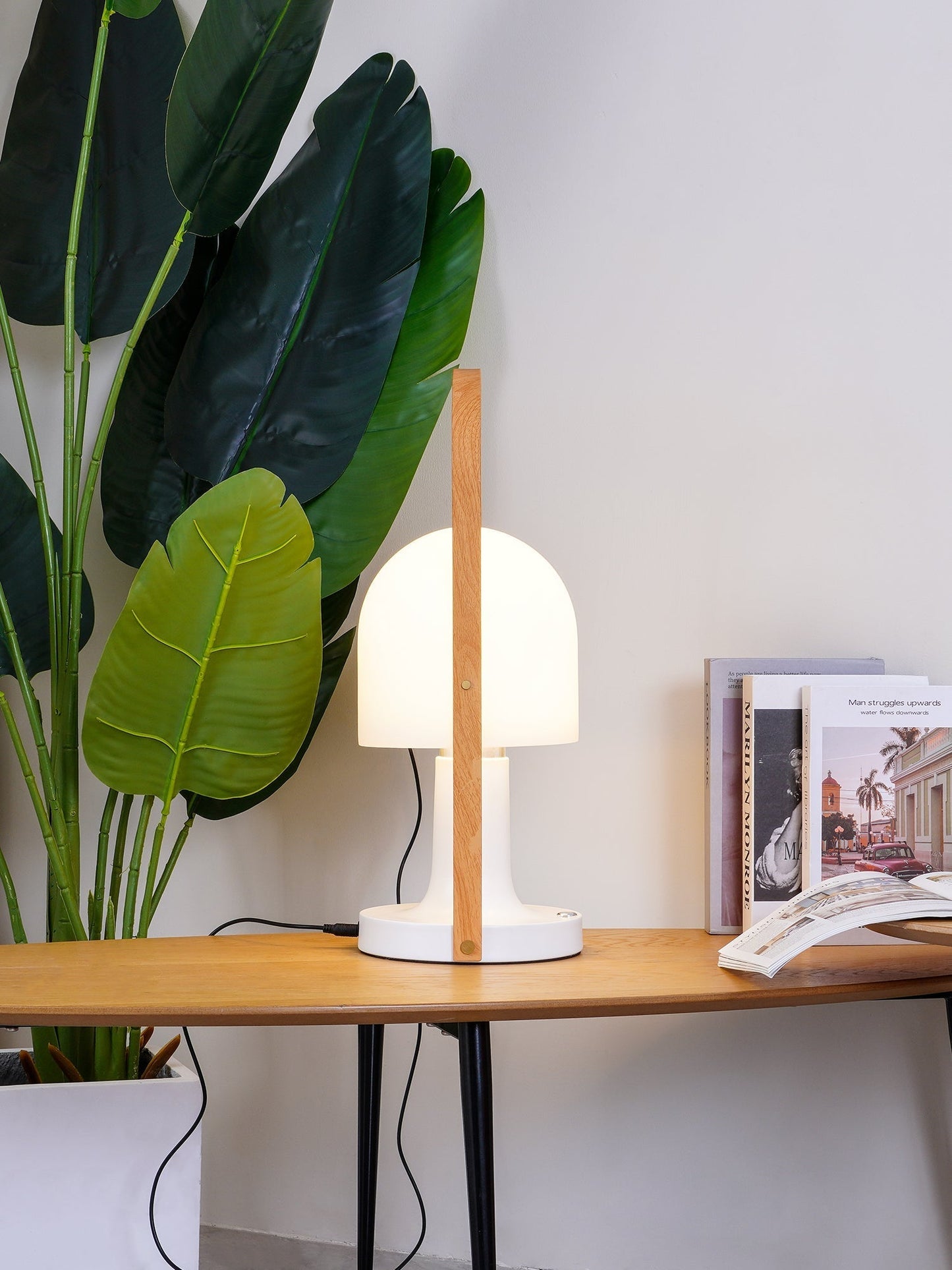 Portable Glass Charging Table Lamp ∅ 8.3″ x H 20.9″ / Dia 21cm x H 53cm / White / Charge Table lamp