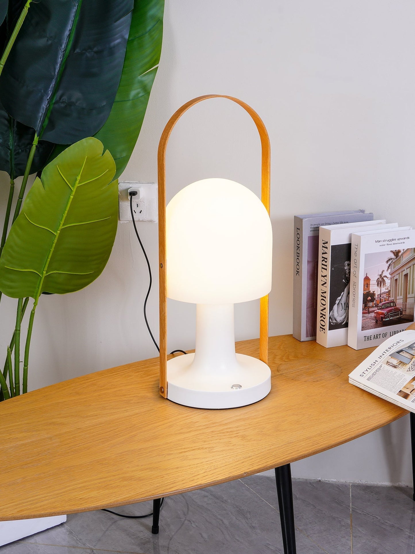 Portable Glass Charging Table Lamp ∅ 8.3″ x H 20.9″ / Dia 21cm x H 53cm / White / Charge Table lamp