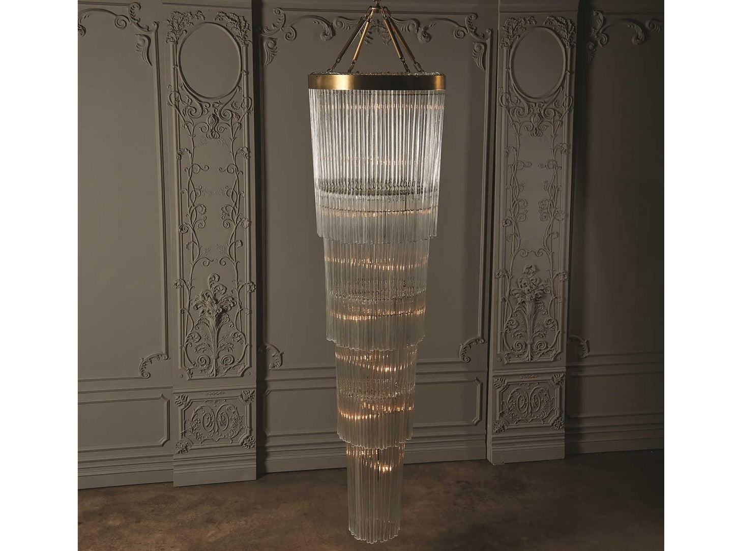 Global Views Rain 16-Light Brass Gold Clear Glass Cylinder Tiered Chandelier