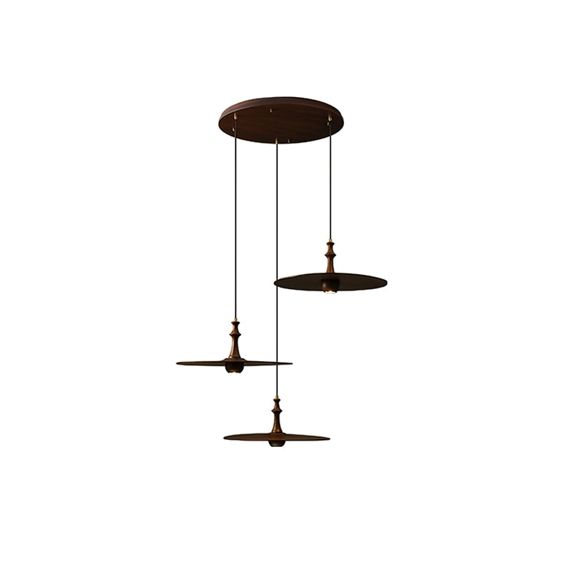 Spindle Disc Pendant Lamp Round canopy 3 heads: ∅ 11.8″ x H 59.1″ / Walnut Color Pendant light
