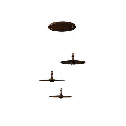 Spindle Disc Pendant Lamp Round canopy 3 heads: ∅ 11.8″ x H 59.1″ / Walnut Color Pendant light