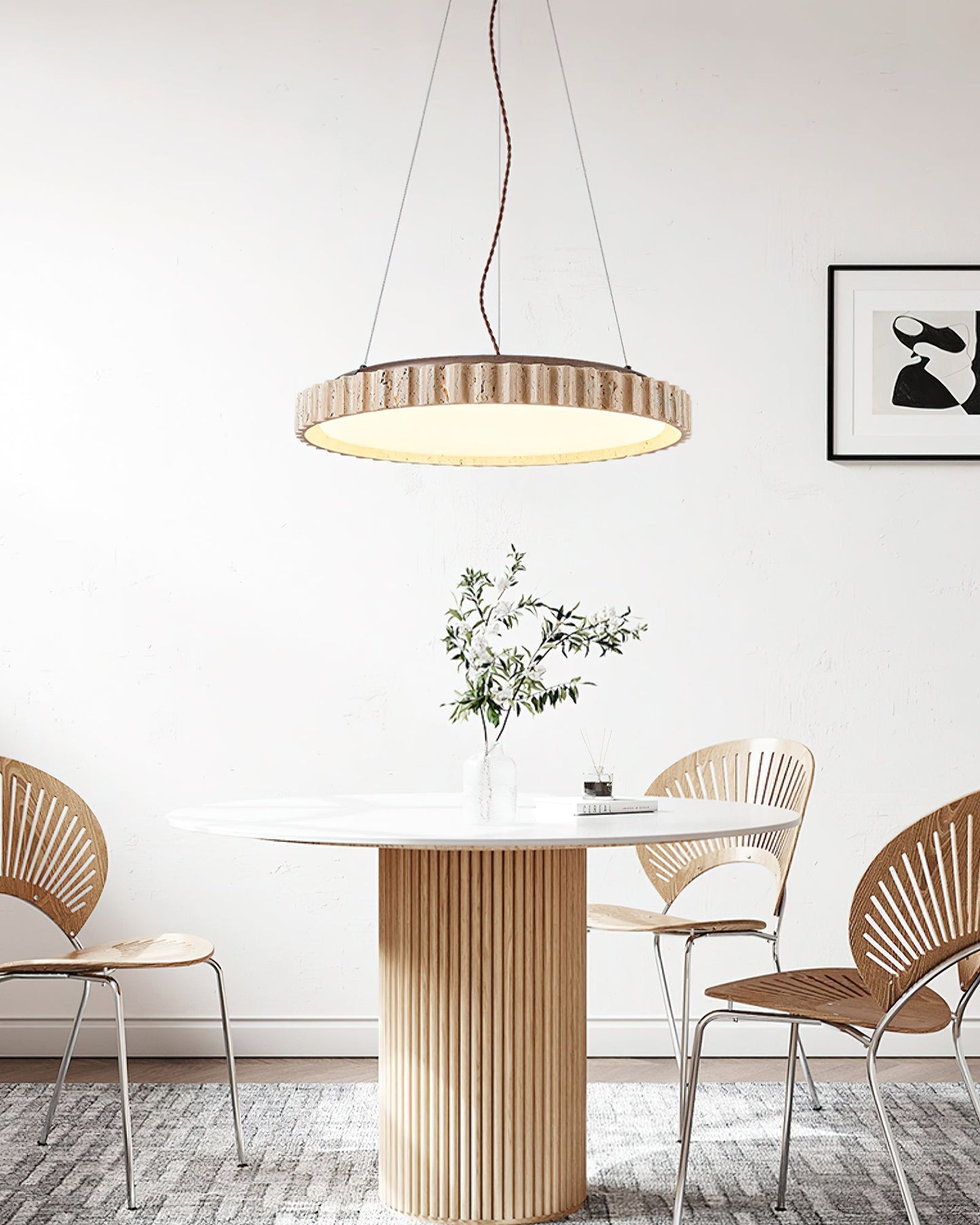 Grove Circle Pendant Light ∅ 12.6’’ x H 2.8’’ / Yellow Travertine & White / Warm Light pendant Lamp