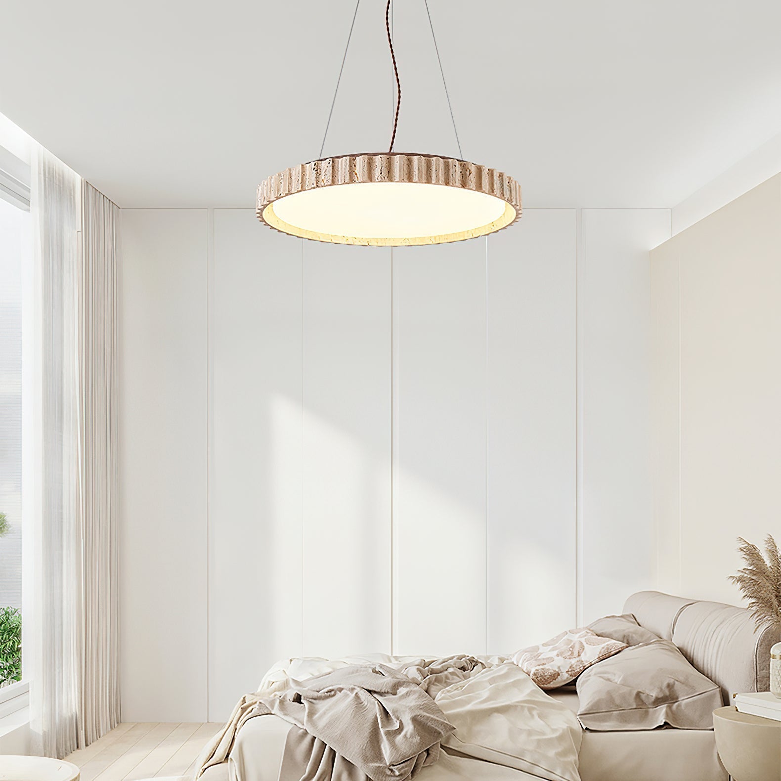 Grove Circle Pendant Light ∅ 12.6’’ x H 2.8’’ / Yellow Travertine & White / Warm Light pendant Lamp