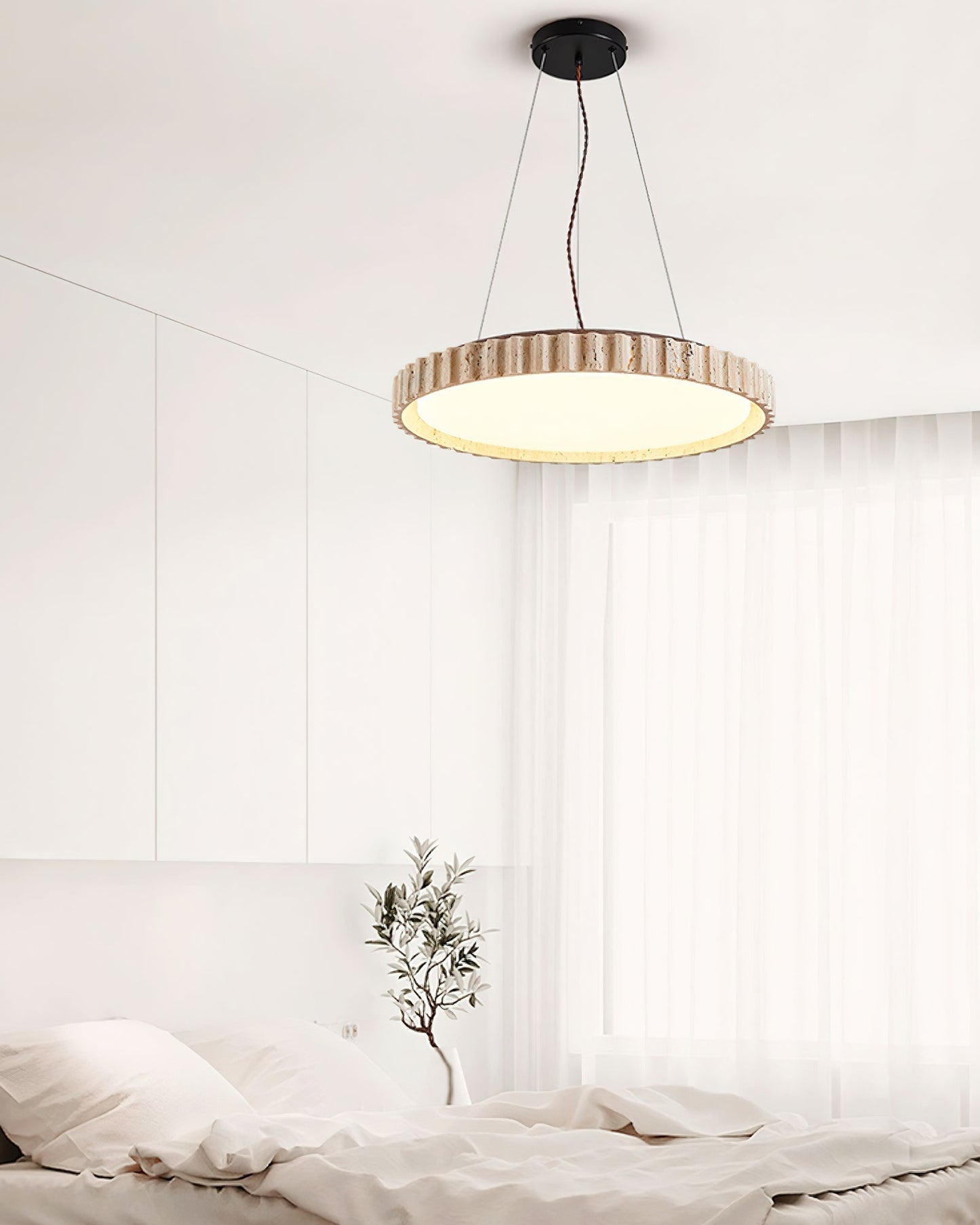 Grove Circle Pendant Light ∅ 12.6’’ x H 2.8’’ / Yellow Travertine & White / Warm Light pendant Lamp