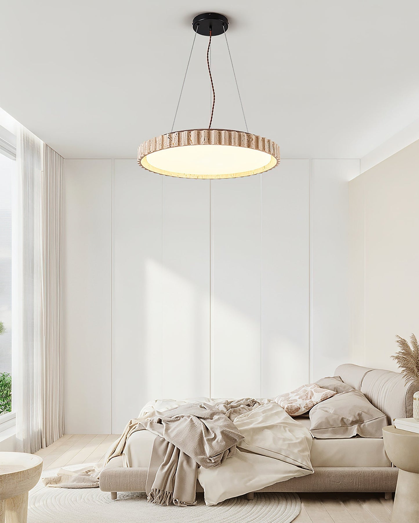 Grove Circle Pendant Light ∅ 12.6’’ x H 2.8’’ / Yellow Travertine & White / Warm Light pendant Lamp