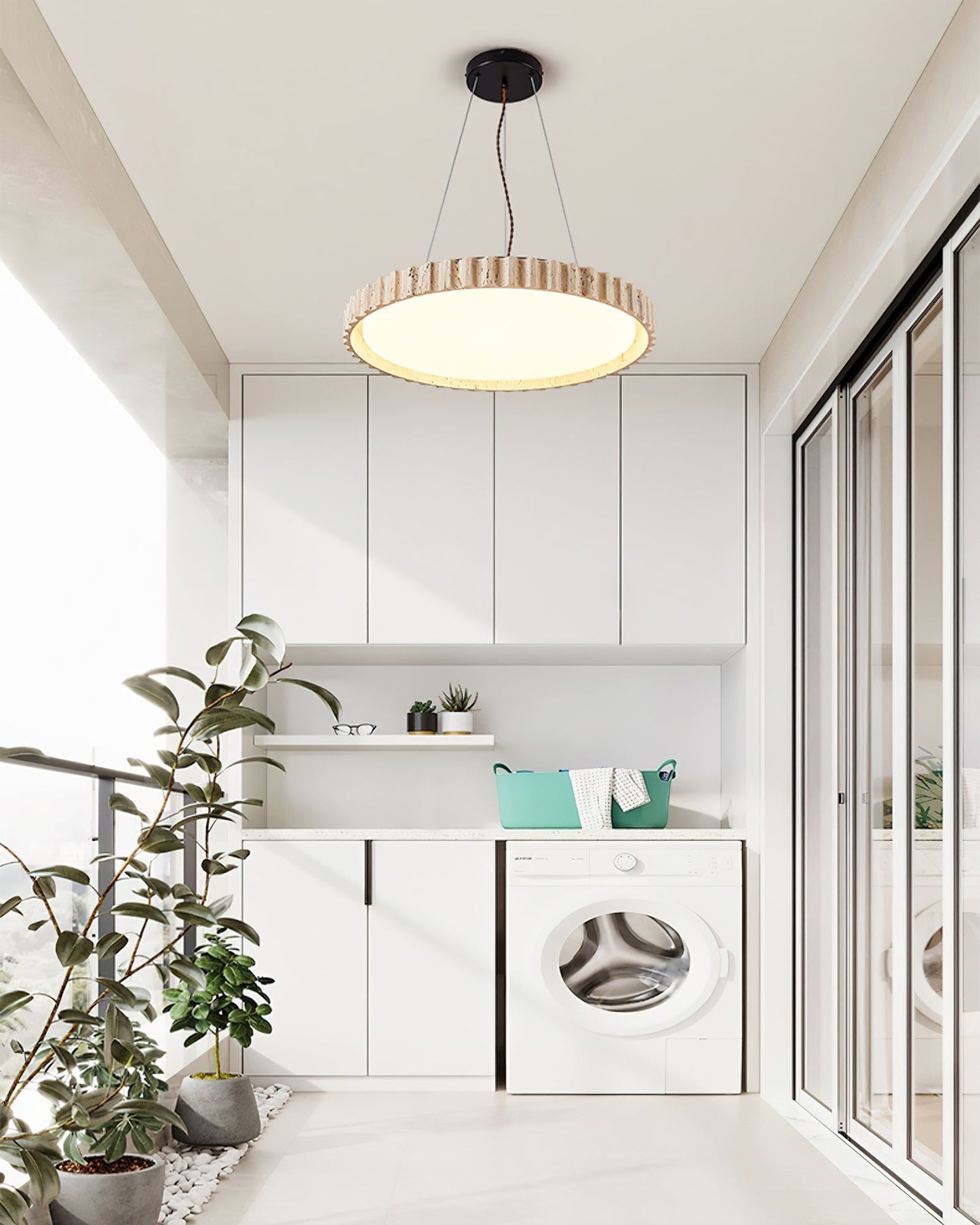Grove Circle Pendant Light ∅ 12.6’’ x H 2.8’’ / Yellow Travertine & White / Warm Light pendant Lamp