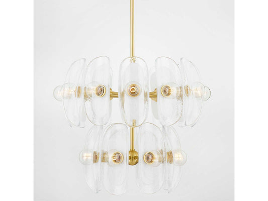 Hudson Valley 20-Light Hilo Chandelier in Aged Brass with Piastre Glass