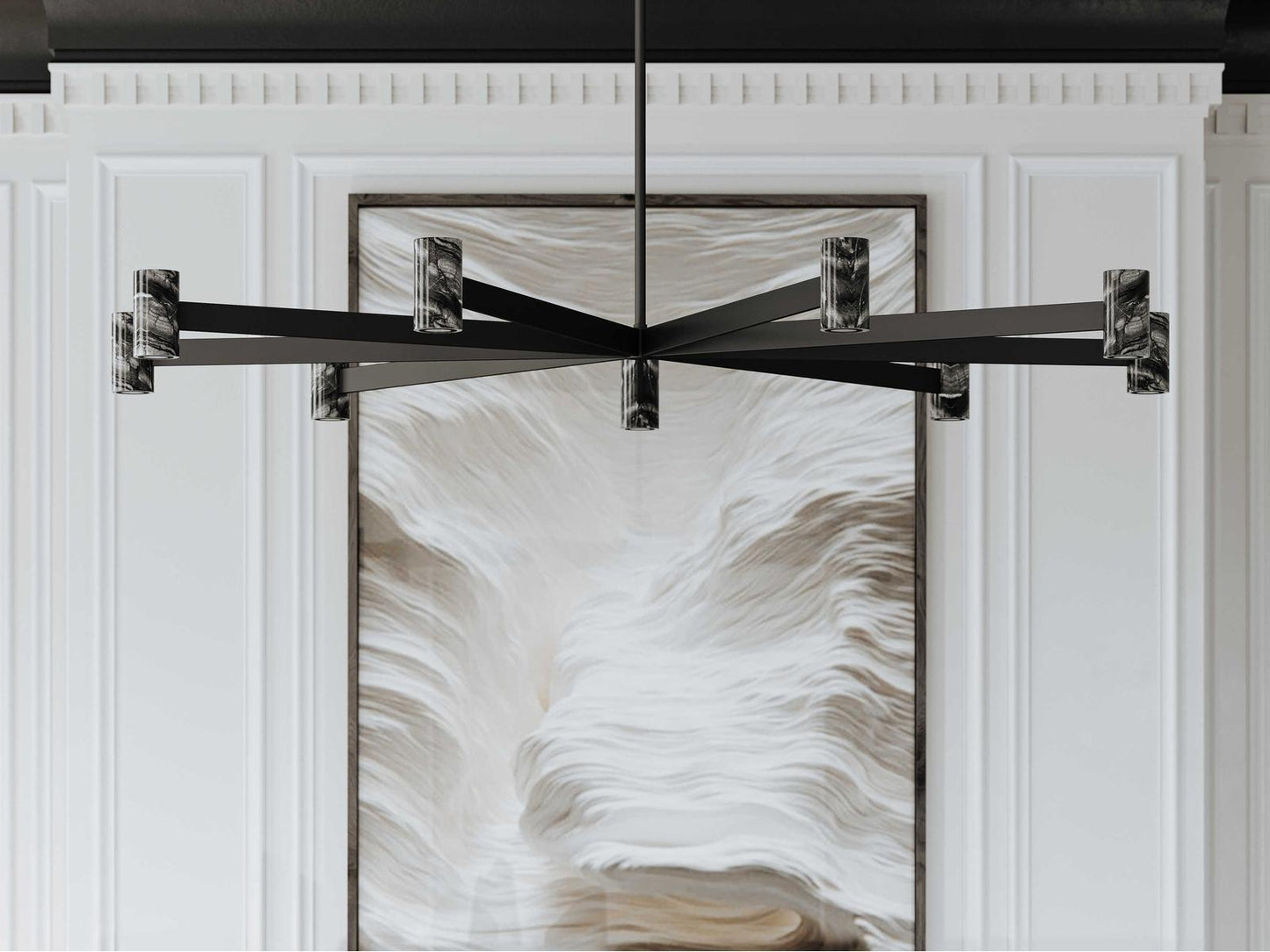 Hudson Valley Predock 9-Light Black Brass LED Chandelier with Marble Shades
