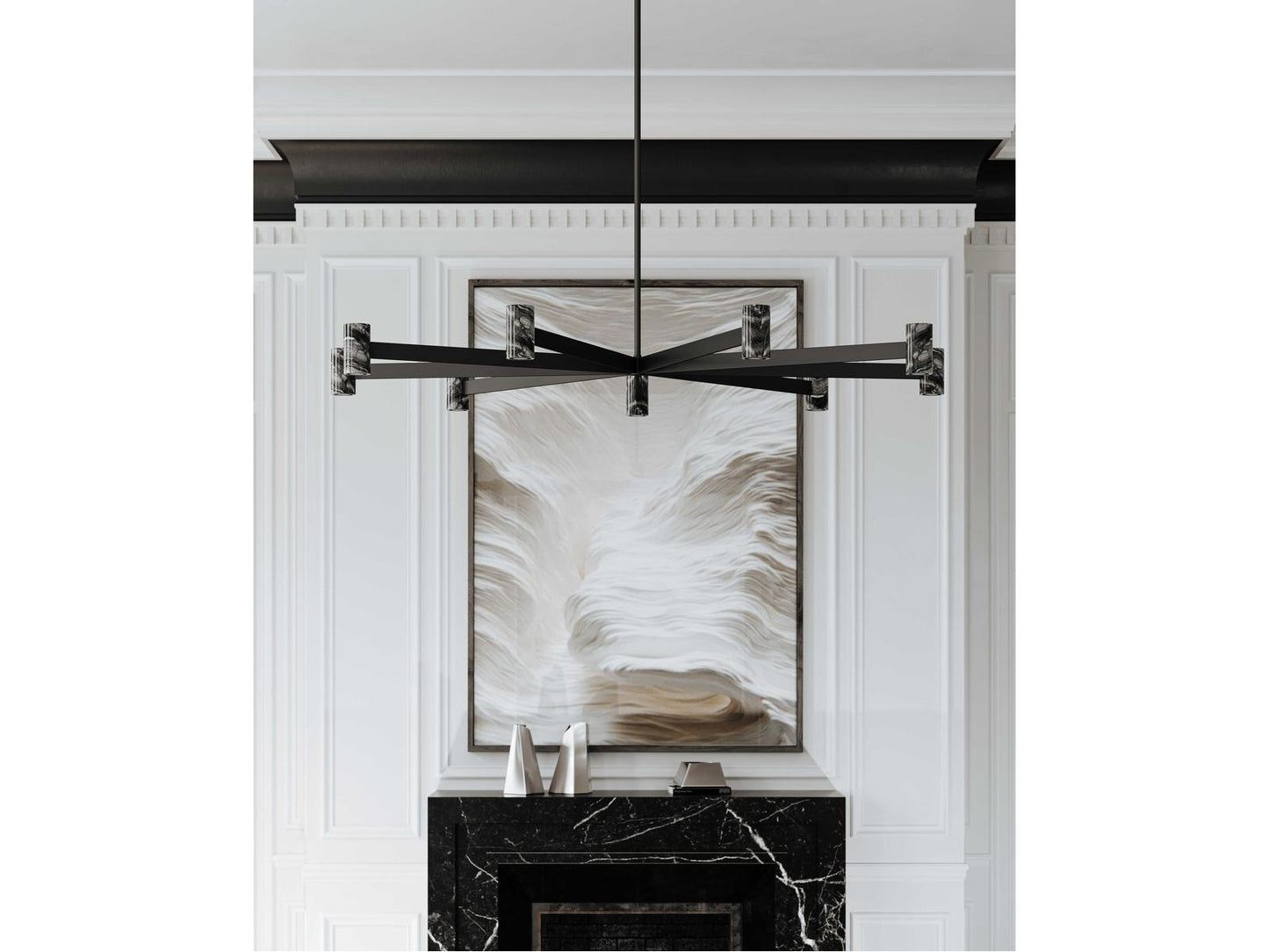 Hudson Valley Predock 9-Light Black Brass LED Chandelier with Marble Shades