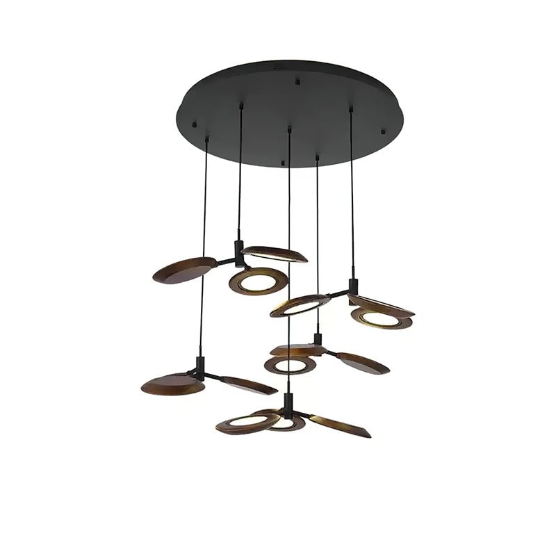 Hotaru Chandelier Round canopy 5 heads ∅ 37.4″ x H 59″ / Walnut Color / Warm Light Chandelier