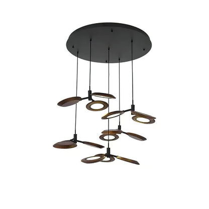 Hotaru Chandelier Round canopy 5 heads ∅ 37.4″ x H 59″ / Walnut Color / Warm Light Chandelier