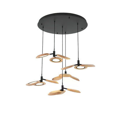 Hotaru Chandelier Round canopy 5 heads ∅ 37.4″ x H 59″ / Wood Color / Warm Light Chandelier