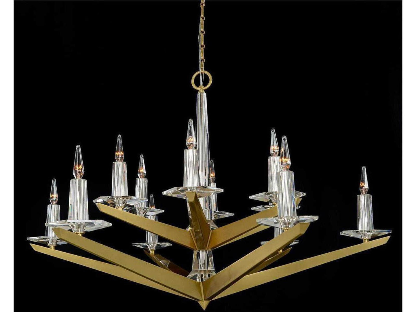 John Richard Antares 12-Light Art Deco Chandelier in Brushed Brass with Crystal