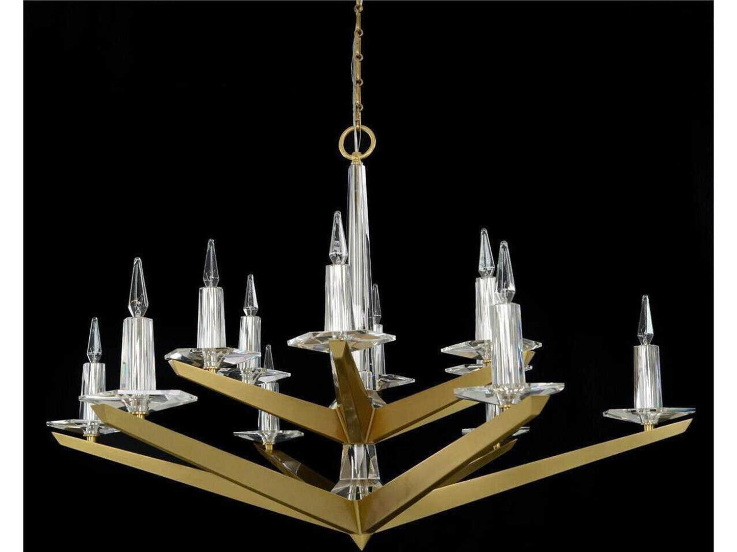 John Richard Antares 12-Light Art Deco Chandelier in Brushed Brass with Crystal