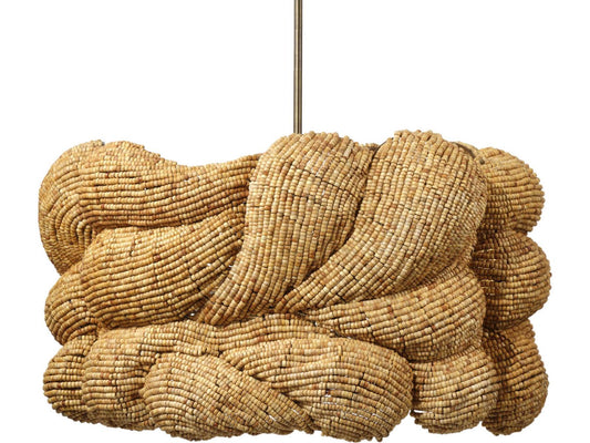 Jamie Young 6-Light Anguilla Chandelier Natural Wood Beads Antique Brass